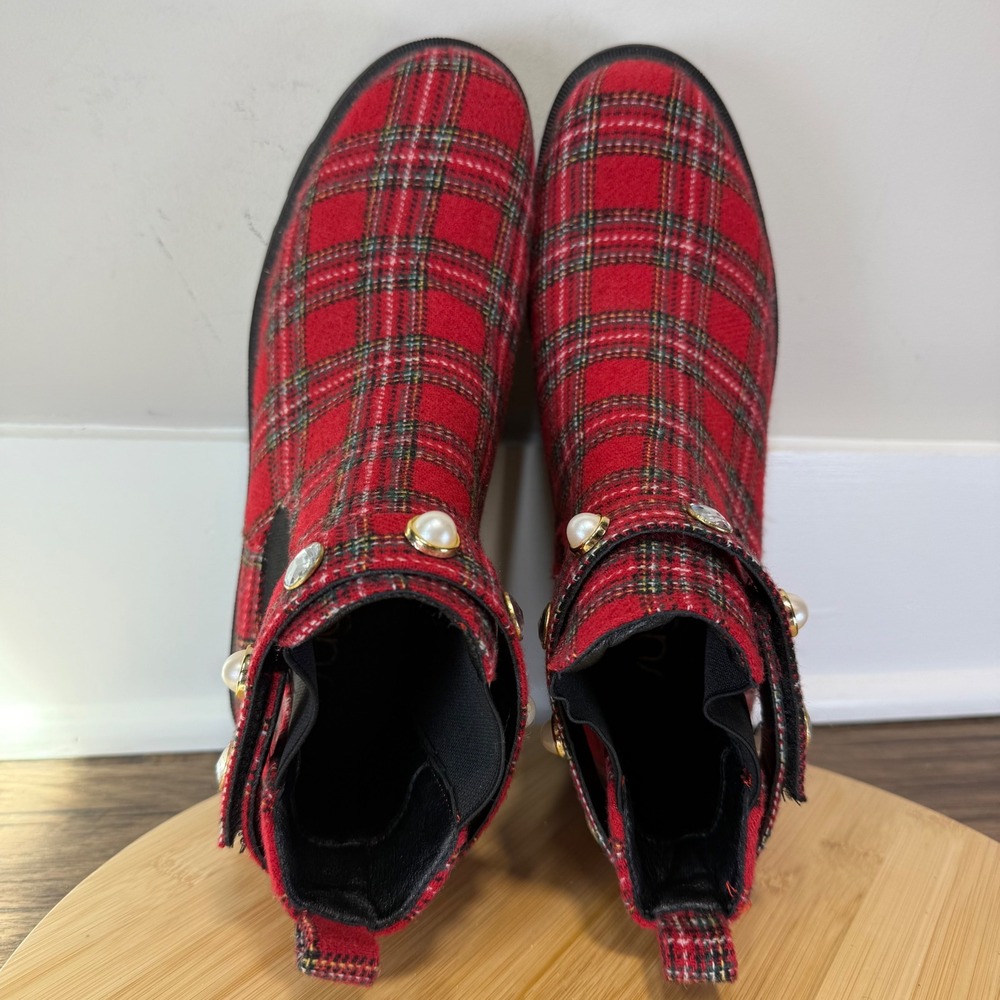 Excellent Sugar Favorite Chelsea Boots Womens 10 Red Plaid Pearl Rhinestone Lug - Picture 6 of 9